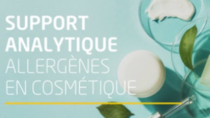 texte écrit: support analytique allergènes en cosmétique avec en photodes feuilles de plante verte et pot de crème cosmétique