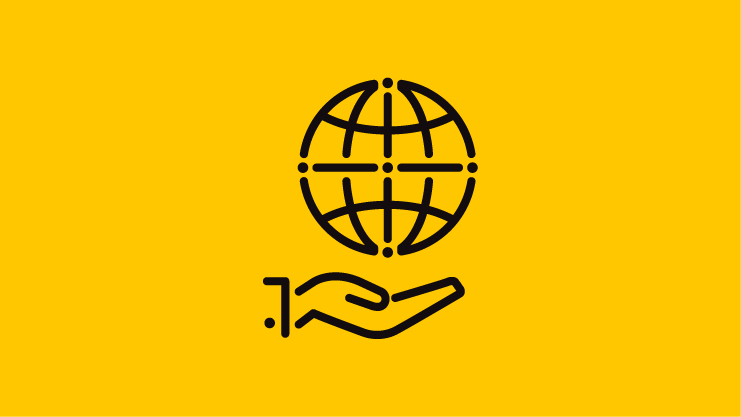 icône représentant un globe terrestre avec une main dessous sur fond jaune